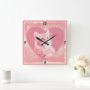 Carrée Rose Vintage Cute Kitten Coeur Carré Mur Horloge