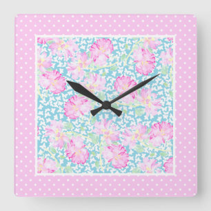 Carrée Roses roses blanches Papillons Polkas Horloge mura