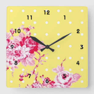Carrée Roses Roses Roses Sur Mur Jaune Horloge