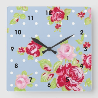 Carrée Roses Sur Mur Bleu Horloge