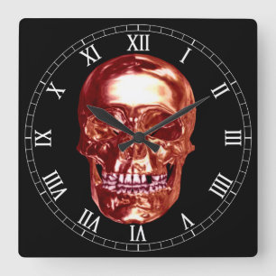 Carrée Rouge Chrome Crâne Carré chiffres romains Horloge