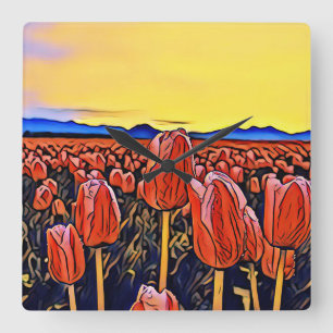 Carrée Rouge Tulipe Champ Peinture Acrylique Mur Horloge