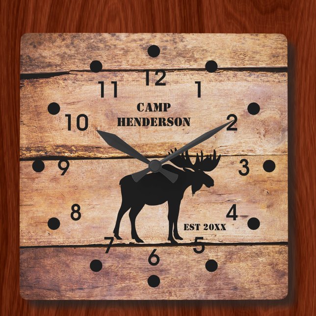 Carrée Rustique Moose Camp Plank Style Acrylique Horloge (Créateur téléchargé)