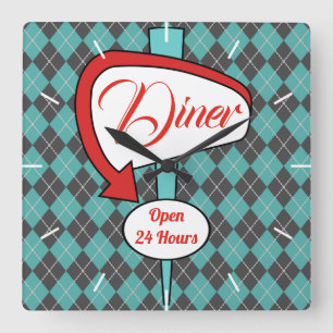 Carrée Symbole Retro Diner Mur Horloge Cadeau