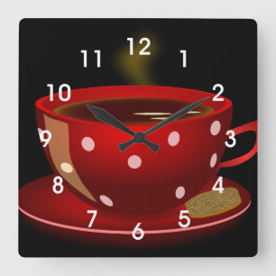 Carrée Tea rouge ou café Coupe Cuisine mural Horloge