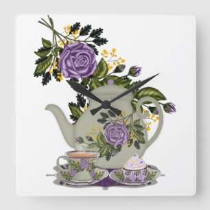 Carrée théière, roses, petit gâteau, horloge de cuisin