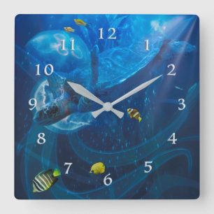 CARRÉE TORTUE DE MER EN VOL MUR CARRÉ HORLOGE