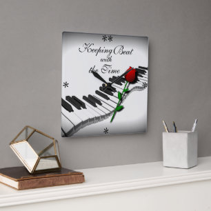 Carrée Touches de piano ondulées et rose rouge - Horloge 
