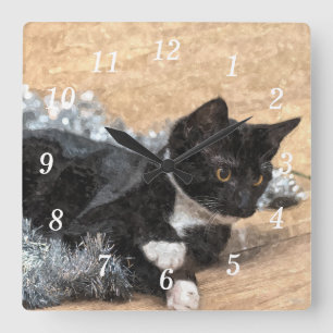 Carrée Tuxedo Kitten Tinsel et lumières horloge peintre