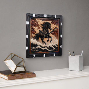 Carrée Vague sculptée Galloping Bois Horloge Cheval