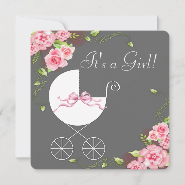 Carriage Grey Rose Rose Baby Shower Invitations (Devant)