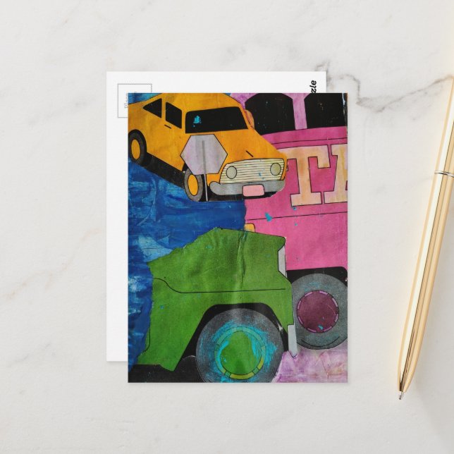 Cars and Trucks mixed media collage  Postkarte (Vorderseite/Rückseite Beispiel)