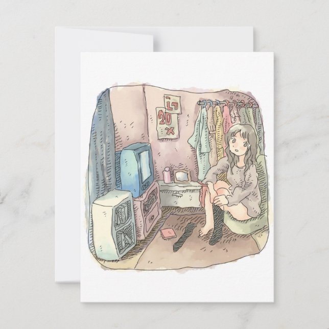 CARTE さやしくじ　衣類のかけてある部屋の座椅子に座ってテレビを見ながら靴下をはいている女性のイラスト (Devant)