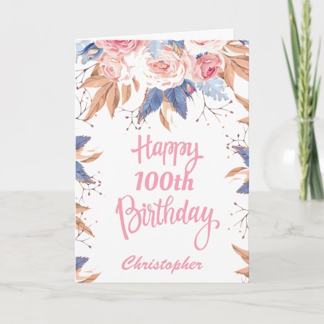 Carte 100e anniversaire Aquarelle Botanique Rose Floral (Devant)