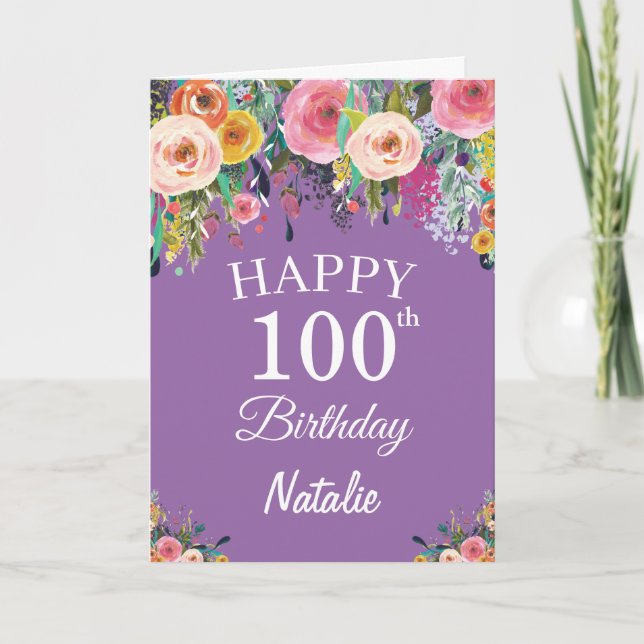 Carte 100e anniversaire Aquarelle Florale Fleurs pourpre (Devant)