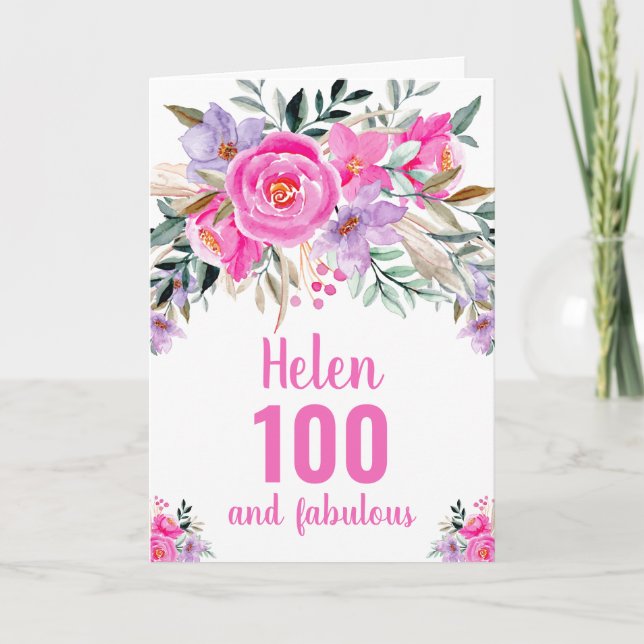 Carte 100e anniversaire aquarelle rose floral (Devant)