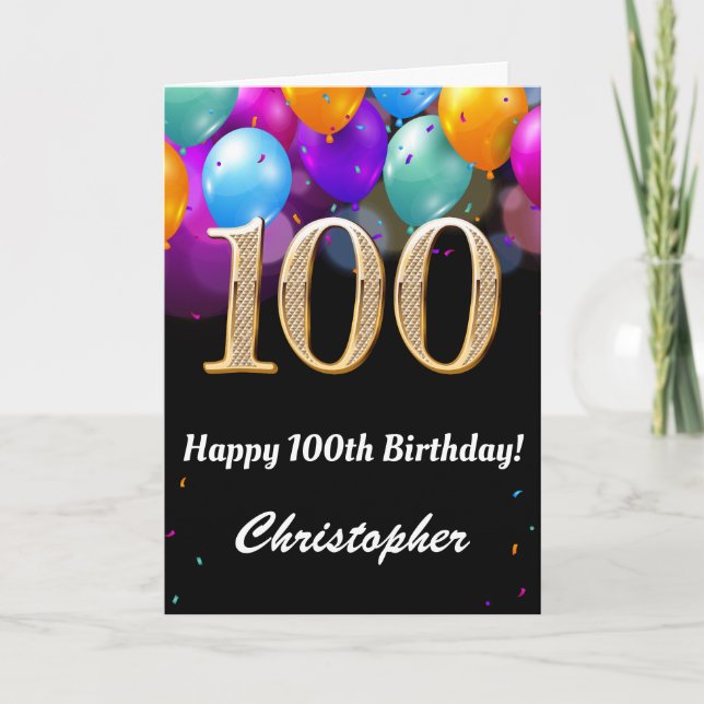 Carte 100e anniversaire Ballons noirs et dorés (Devant)