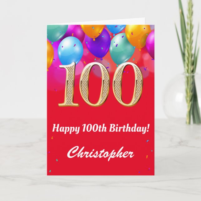 Carte 100e anniversaire Ballons rouges et dorés (Devant)