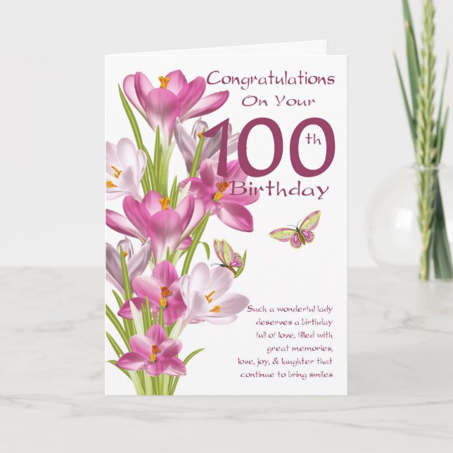 Carte 100e anniversaire Crocus rose et papillon (Devant)