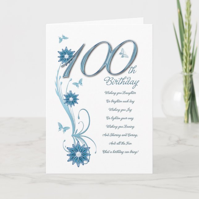 Carte 100e anniversaire en turquoise avec fleurs et beur (Devant)