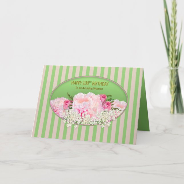 Carte 100e anniversaire, Feminine aux pivoines roses, Fl (Devant)