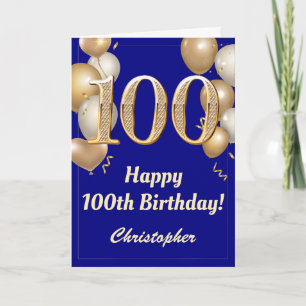 Carte 100e anniversaire Marine Blue Gold Balloons Confet