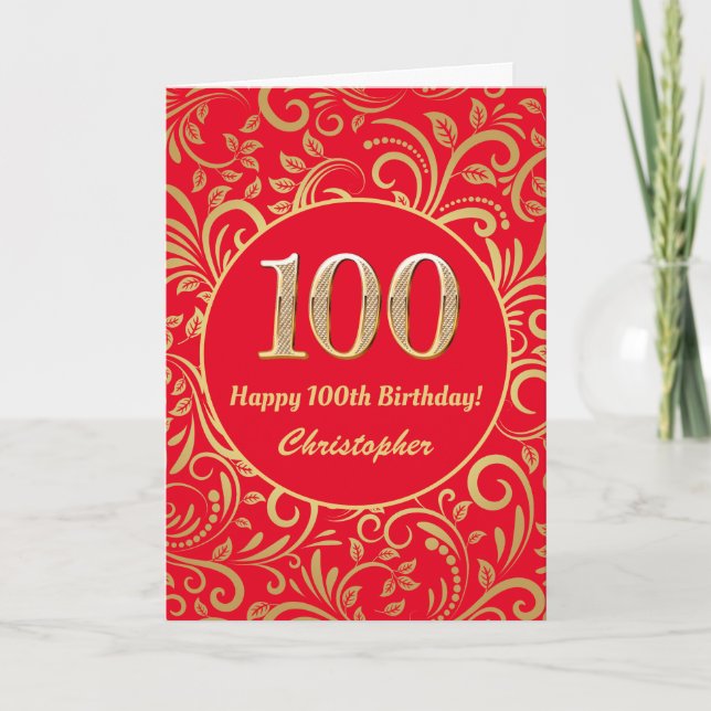 Carte 100e anniversaire Motif Floral rouge et or (Devant)