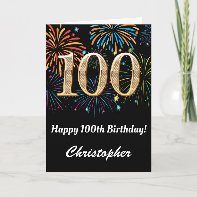 Carte 100e anniversaire Rainbow Fireworks noir et or (Devant)