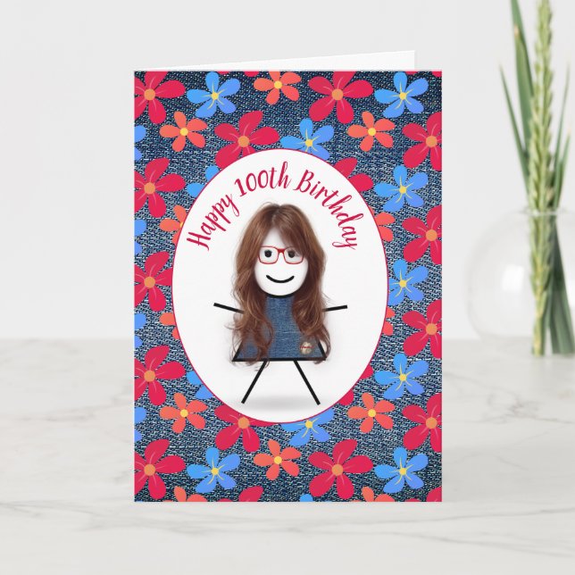 Carte 100e Anniversaire Stick Girl and Daisies On Denim (Devant)
