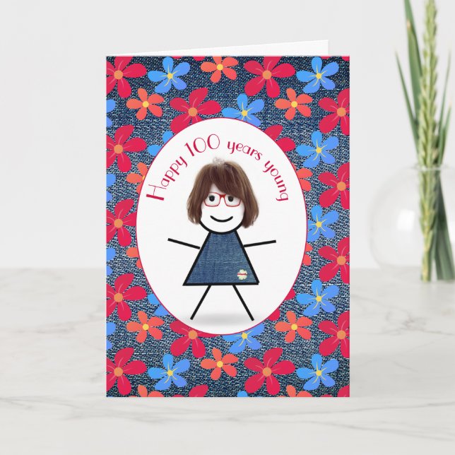 Carte 100e Anniversaire Stick Girl and Daisies On Denim (Devant)