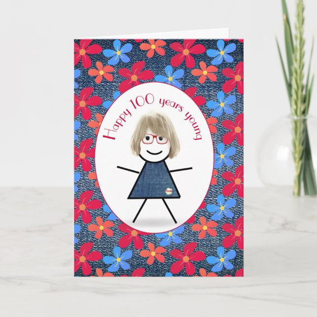 Carte 100e Anniversaire Stick Girl and Daisies On Denim (Devant)