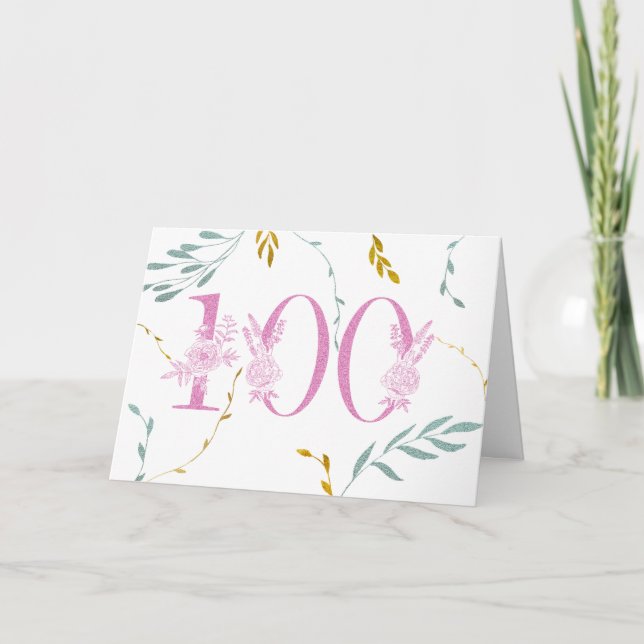 Carte 100th birthday faux glitter leaves pink white (Devant)