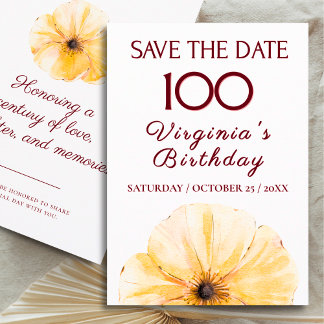 Carte 100th Birthday Yellow Flower, Modern Save the Date