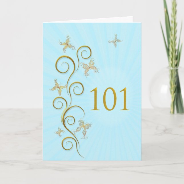 Carte 101e anniversaire avec des papillons dorés (Devant)