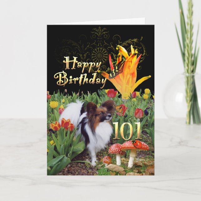 Carte 101e anniversaire papillon chien dans jardin de tu (Devant)
