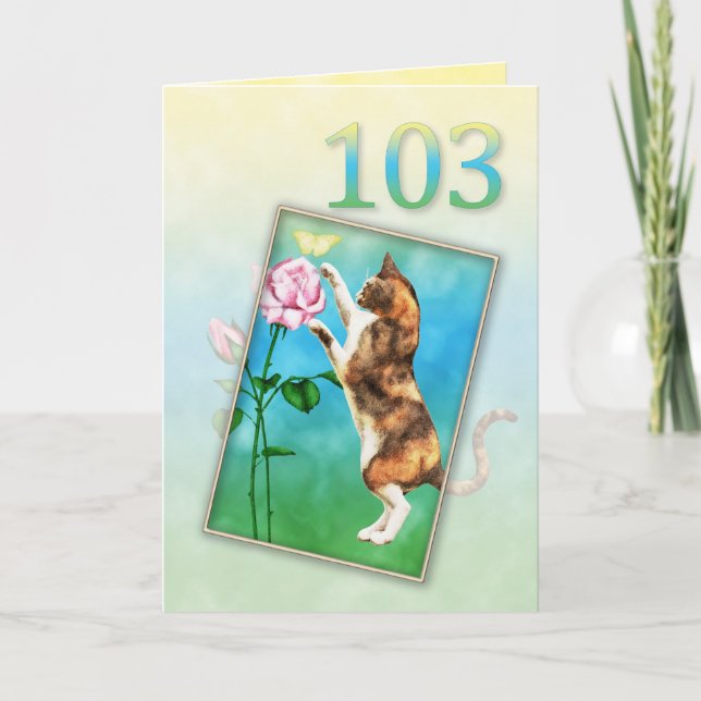 Carte 103e anniversaire avec un chat ludique (Devant)