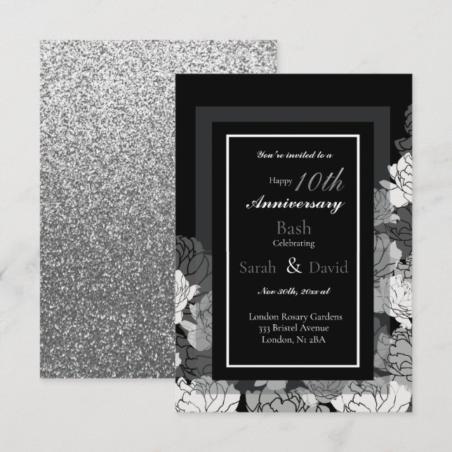 Carte 10e anniversaire argent, noir & blanc tirage rose (Devant / Derrière)
