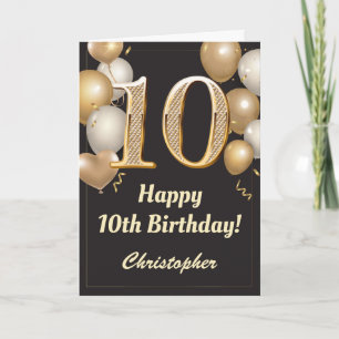 Carte 10e anniversaire Black and Gold Balloons Confetti