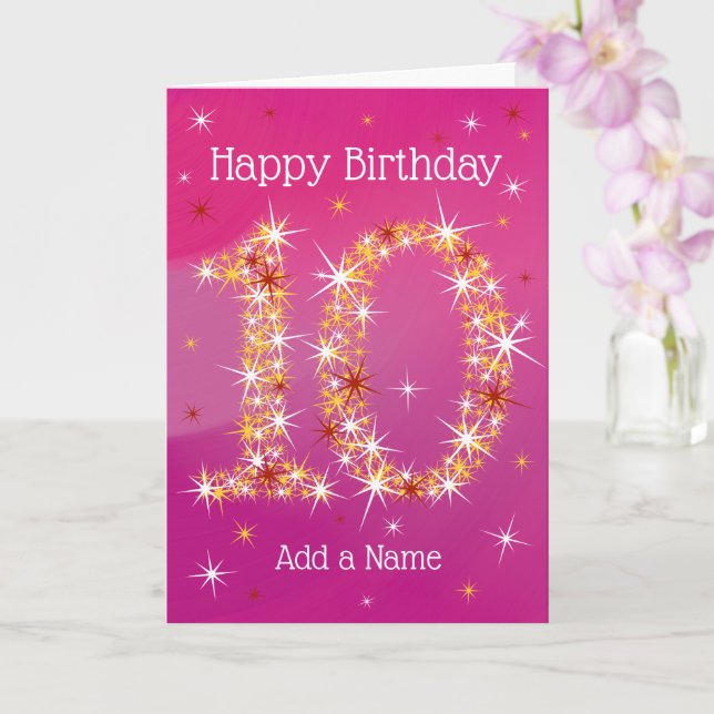 Carte 10e anniversaire - Numéro 10 étoiles - Rose - âge  (Orchidée)