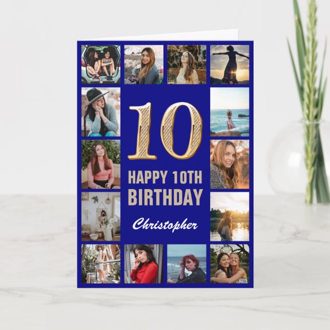 Carte 10e Joyeux anniversaire Marine Blue & Gold Photo C (Devant)