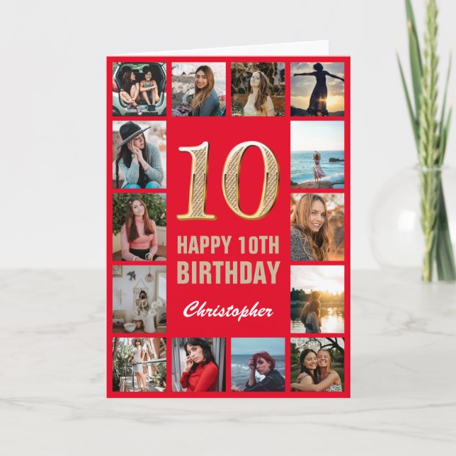 Carte 10e Joyeux anniversaire Red and Gold Photo Collage (Devant)