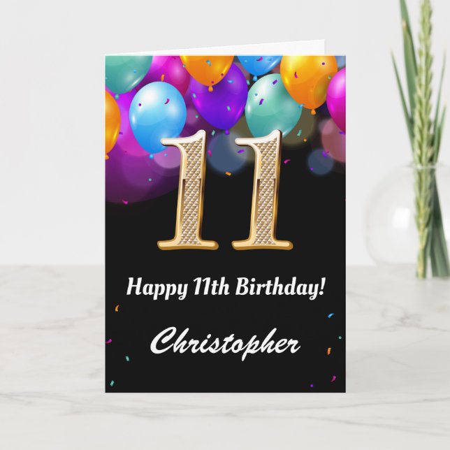 Carte 11e anniversaire Ballons noirs et dorés (Devant)