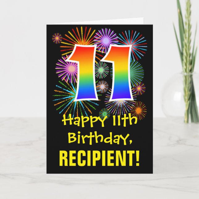 Carte 11e anniversaire : Fun Motif Fireworks + Rainbow 1 (Devant)
