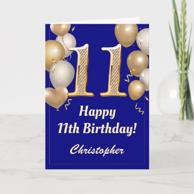 Carte 11e anniversaire Marine Bleu et Ballons d'or Confe (Devant)