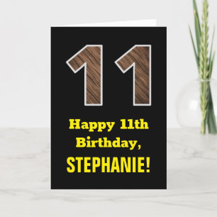 Carte 11e anniversaire : Nom, Motif Faux Wood Grain "11"
