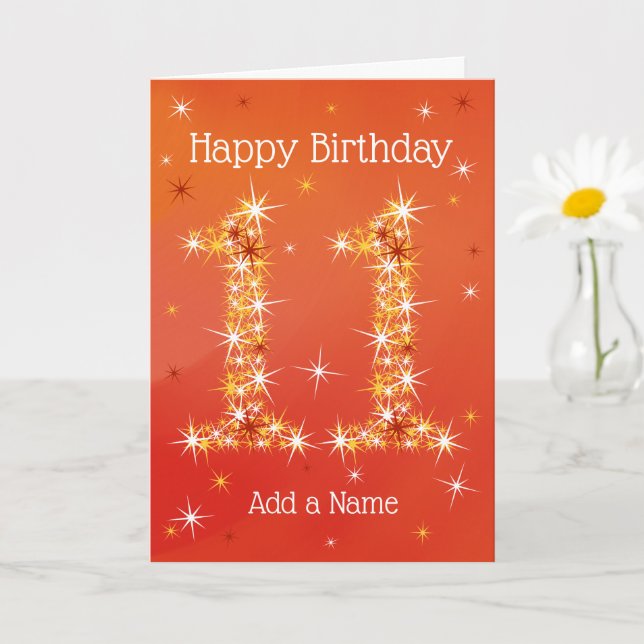 Carte 11e anniversaire - Numéro 11 en étoiles - Rouge -  (Petite plante)