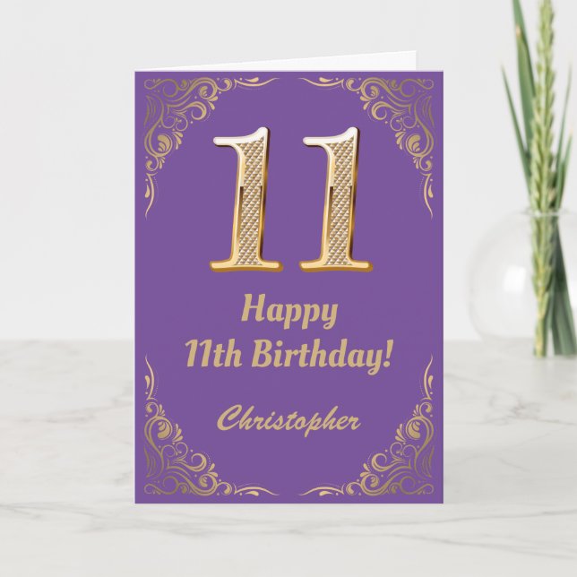Carte 11e anniversaire Parties scintillant violet et or  (Devant)