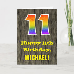 Carte 11e anniversaire : Rustic Faux Wood Look, Rainbow 