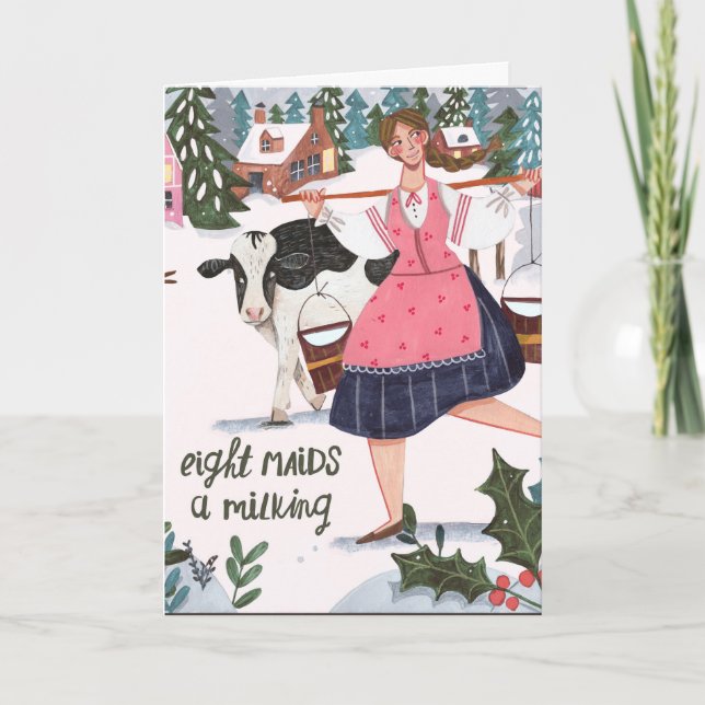 Carte 12 jours mignons de Noël huit domestiques une trai (Devant)