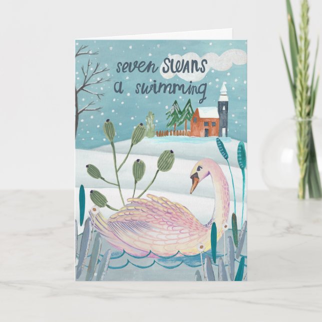 Carte 12 jours mignons de Noël Sept Cygnes Natation (Devant)